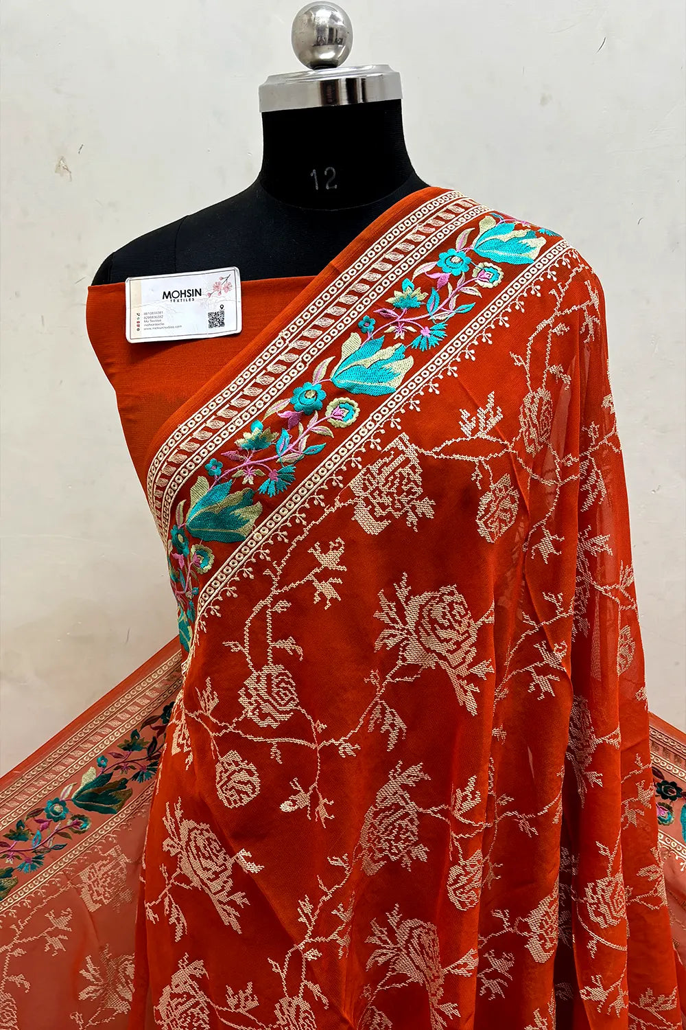 Orange Embroidery Georgette Silk Banarasi Saree