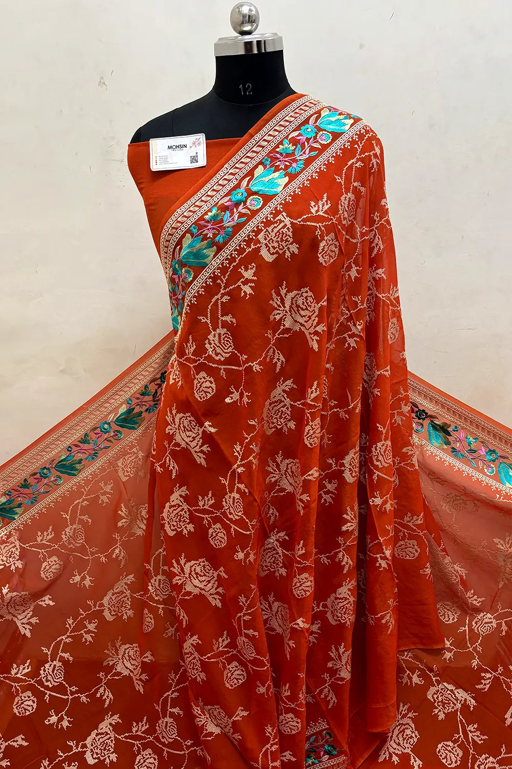 Orange Embroidery Georgette Silk Banarasi Saree