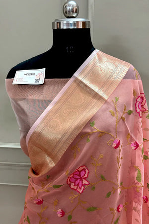 Orange Embroidery Net Banarasi Saree