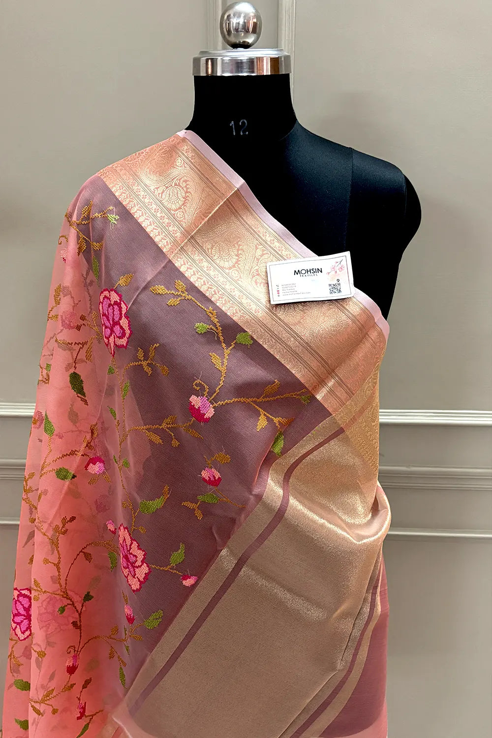 Orange Embroidery Net Banarasi Saree