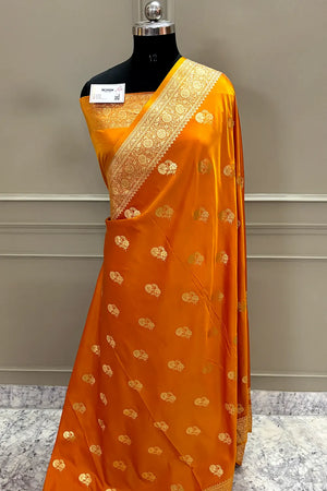 Orange Golden Flower Katan Silk Banarasi Saree