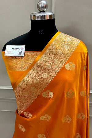 Orange Golden Flower Katan Silk Banarasi Saree