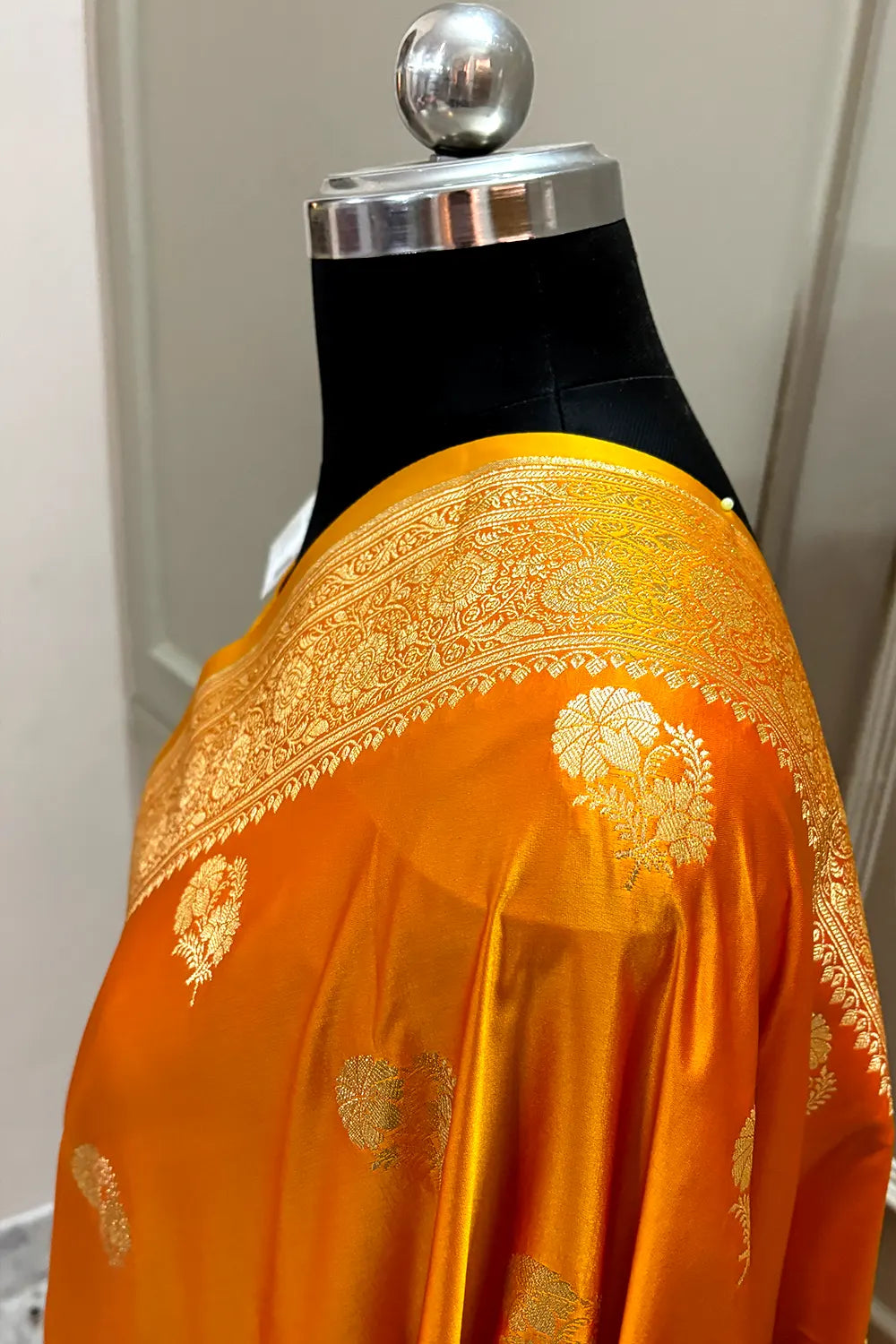 Orange Golden Flower Katan Silk Banarasi Saree