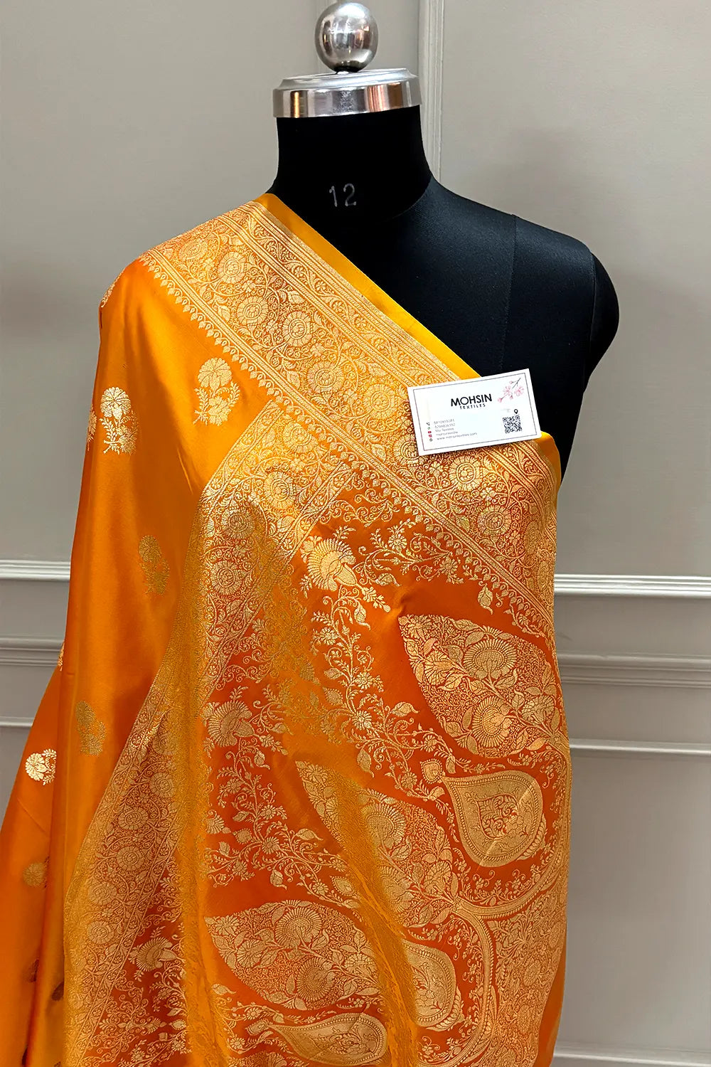 Orange Golden Flower Katan Silk Banarasi Saree
