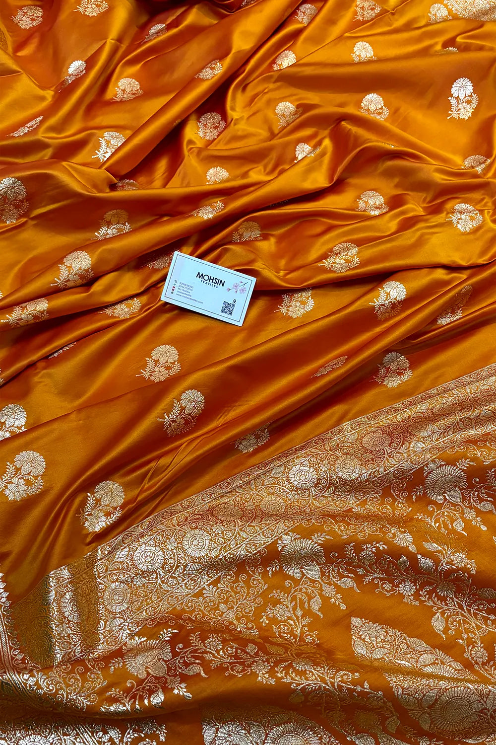 Orange Golden Flower Katan Silk Banarasi Saree