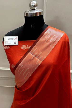 Orange Kalyug Plain Semi Katan Silk Banarasi Saree
