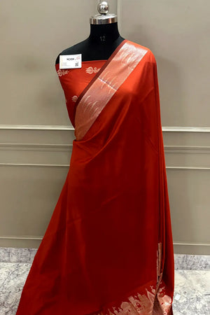 Orange Kalyug Plain Semi Katan Silk Banarasi Saree