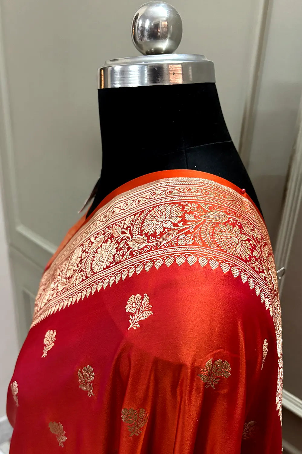 Orange Magenta Chaman Buti Katan Mashru Silk Banarasi Saree