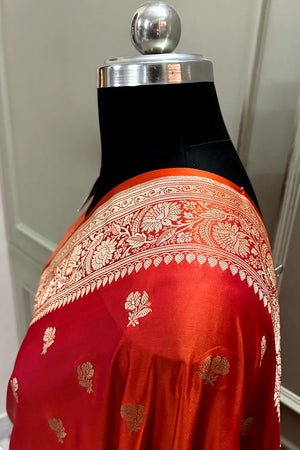 Orange Magenta Chaman Buti Katan Mashru Silk Banarasi Saree
