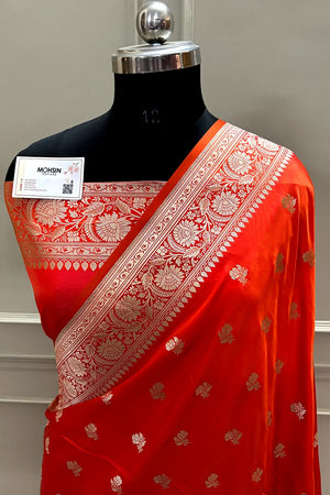Orange Pink Chaman Buti Katan Mashru Silk Banarasi Saree