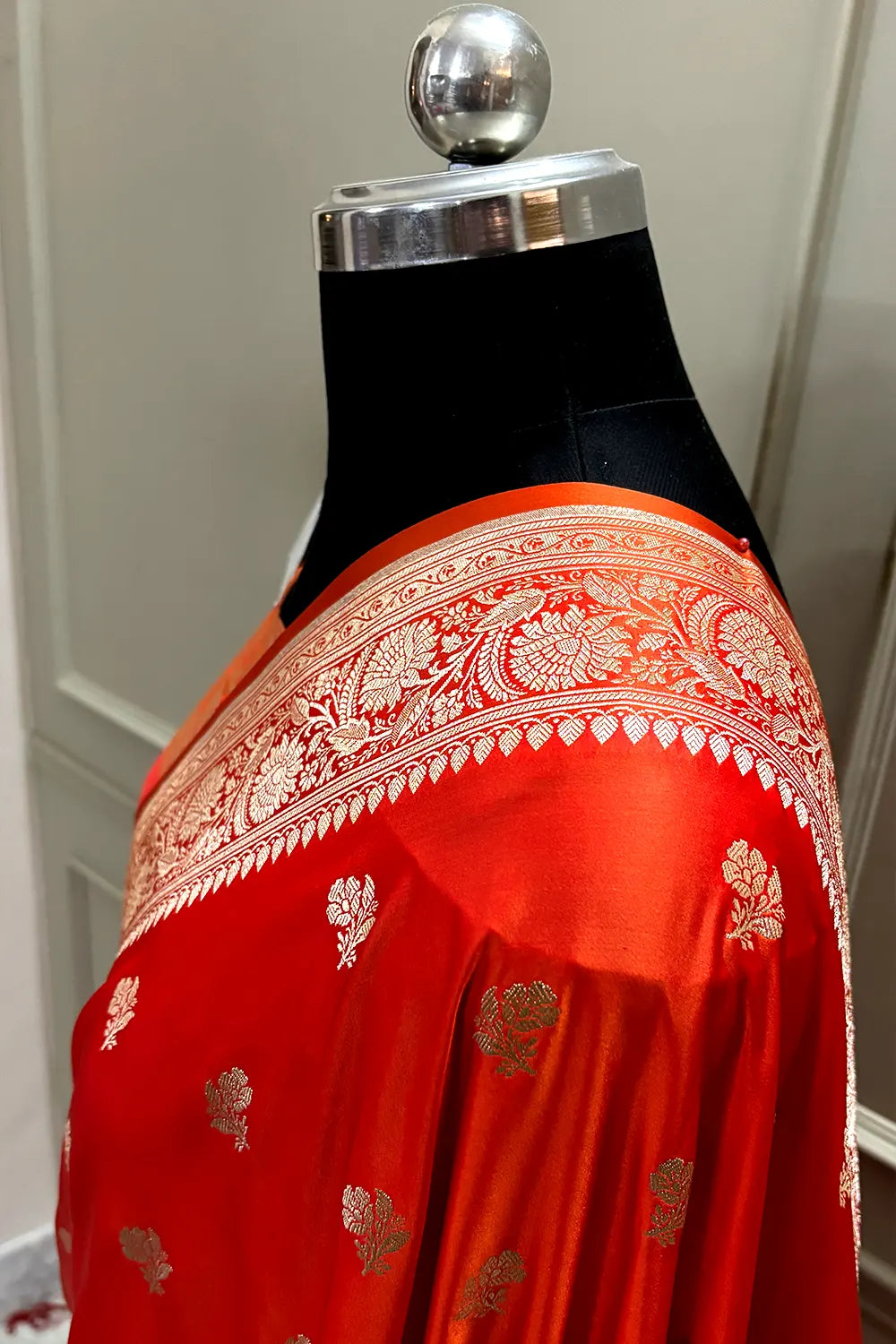 Orange Pink Chaman Buti Katan Mashru Silk Banarasi Saree