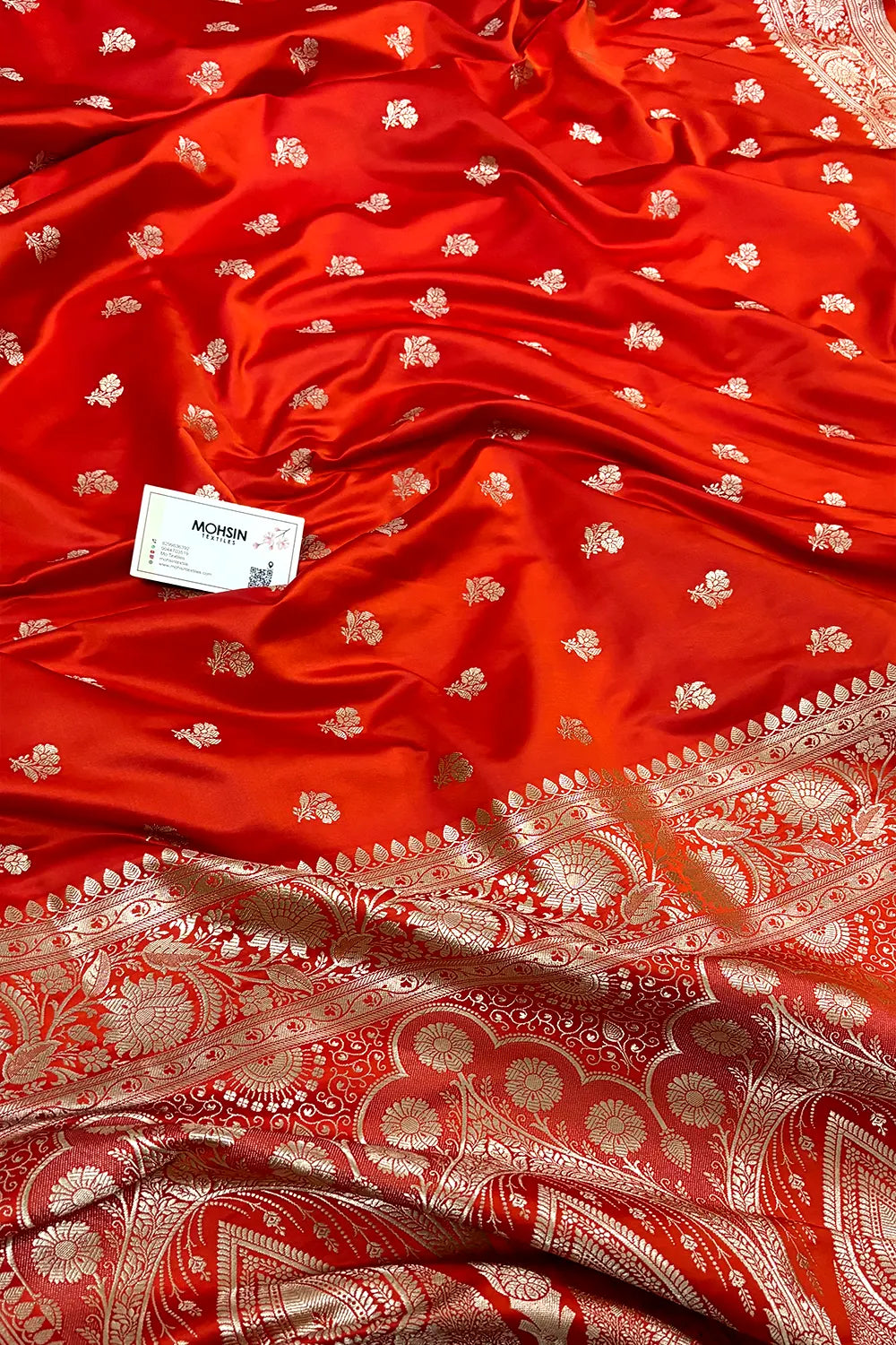 Orange Pink Chaman Buti Katan Mashru Silk Banarasi Saree