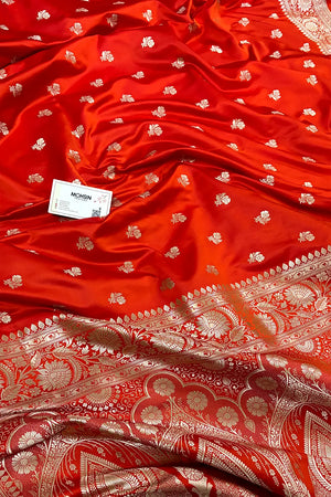 Orange Pink Chaman Buti Katan Mashru Silk Banarasi Saree