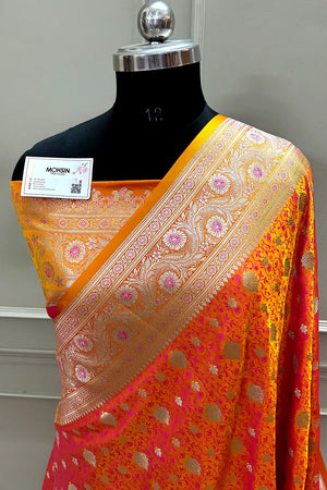 Orange Pink Chunni Munni Buti Katan Silk Banarasi Saree