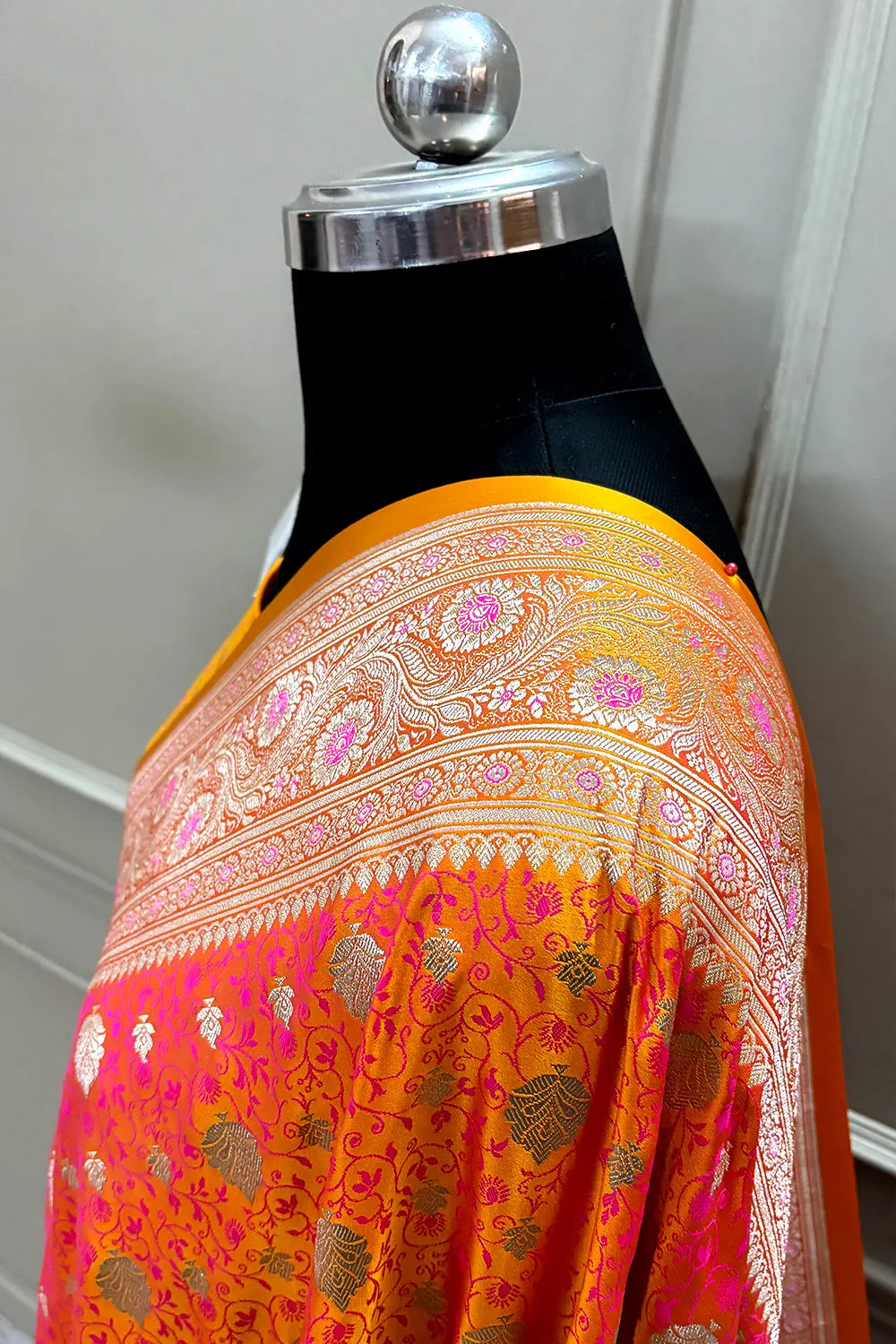 Orange Pink Chunni Munni Buti Katan Silk Banarasi Saree