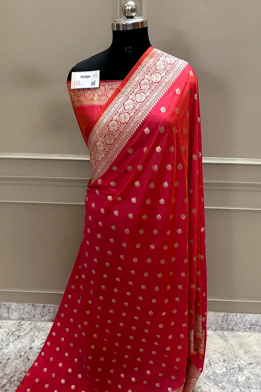 Orange Pink Ghonga Buti Katan Silk Banarasi Saree