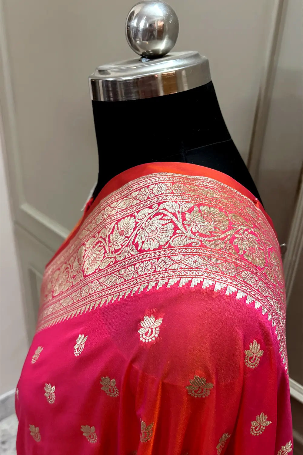 Orange Pink Ghonga Buti Katan Silk Banarasi Saree