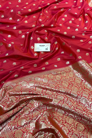 Orange Pink Ghonga Buti Katan Silk Banarasi Saree