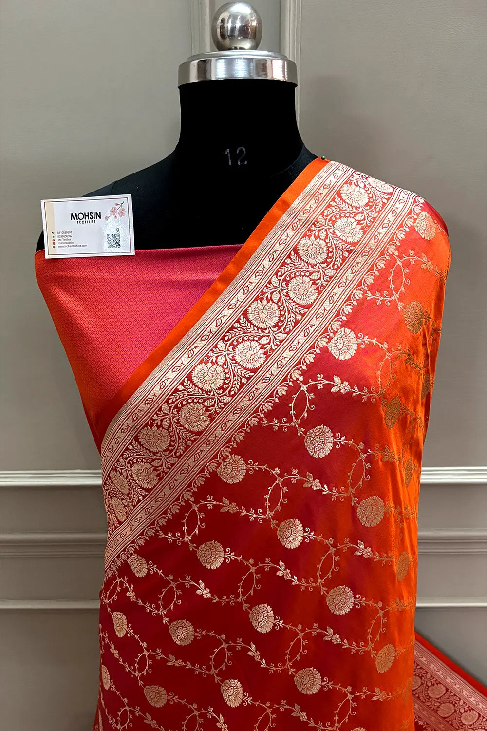 Orange Pink Ropeway Jaal Katan Mashru Silk Banarasi Saree