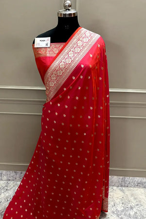 Orange Pink Rudraksha Buti Katan Silk Banarasi Saree