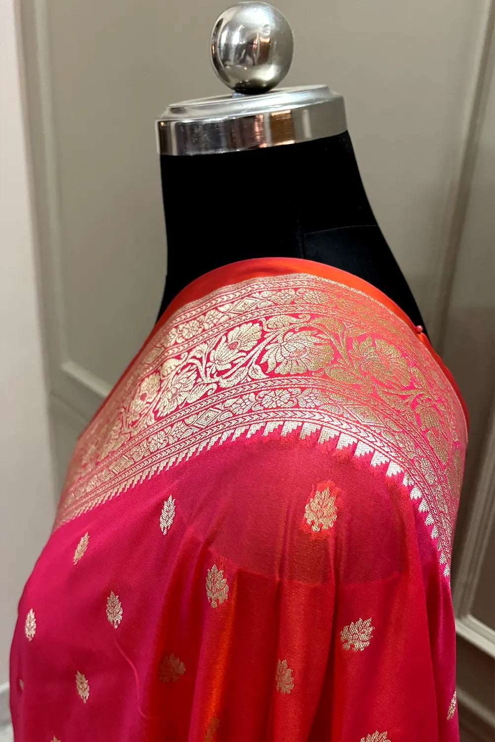 Orange Pink Rudraksha Buti Katan Silk Banarasi Saree