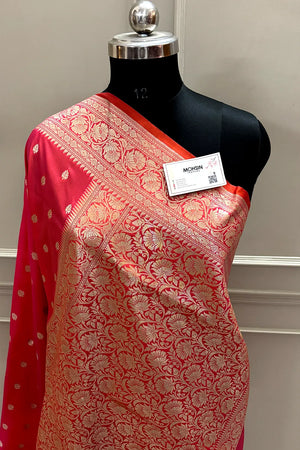 Orange Pink Rudraksha Buti Katan Silk Banarasi Saree