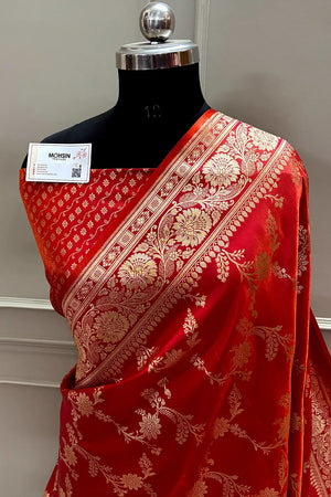 Orange Pink Zari Katan Satin Silk Banarasi Saree
