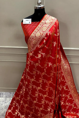 Orange Pink Zari Katan Satin Silk Banarasi Saree