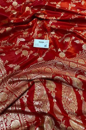 Orange Pink Zari Katan Satin Silk Banarasi Saree