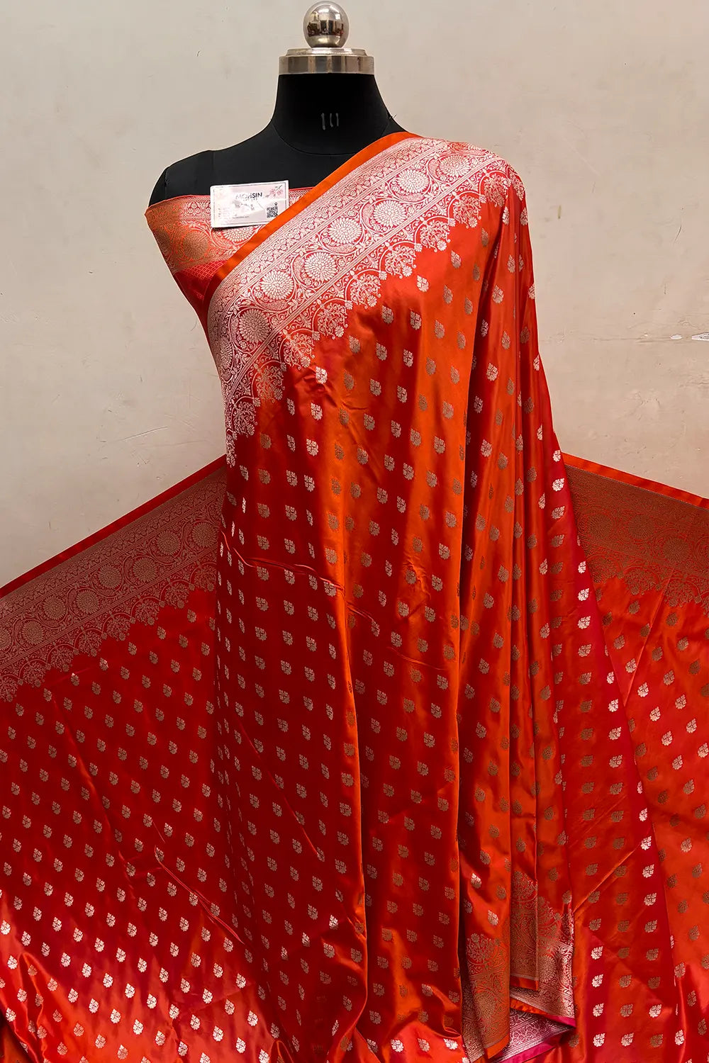 Orange Pink Zari Katan Silk Banarasi Saree