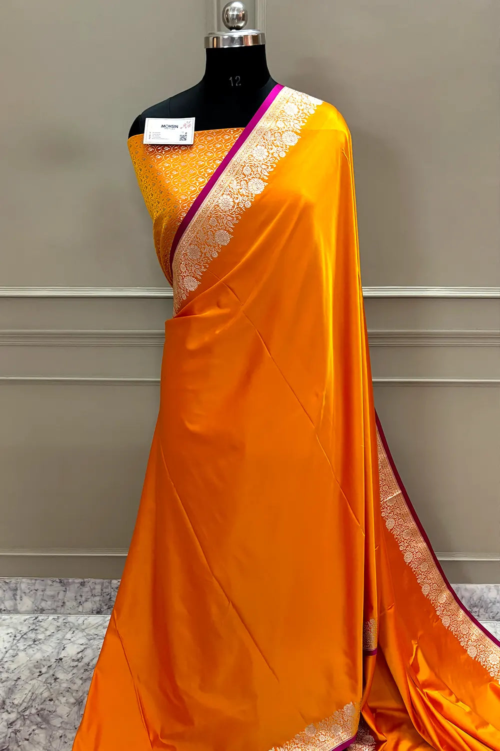 Orange Plain Zari Border Katan Silk Banarasi Saree