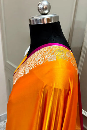 Orange Plain Zari Border Katan Silk Banarasi Saree