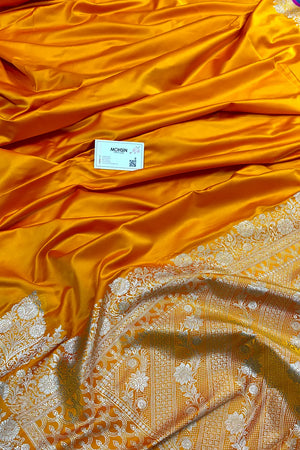 Orange Plain Zari Border Katan Silk Banarasi Saree