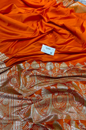 Orange Royal Plain Katan Silk Banarasi Saree