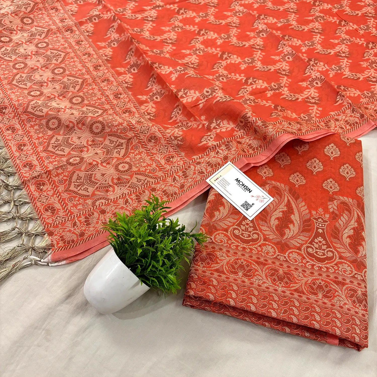 Orange Surahi Tree Cotton Silk Banarasi Suit 