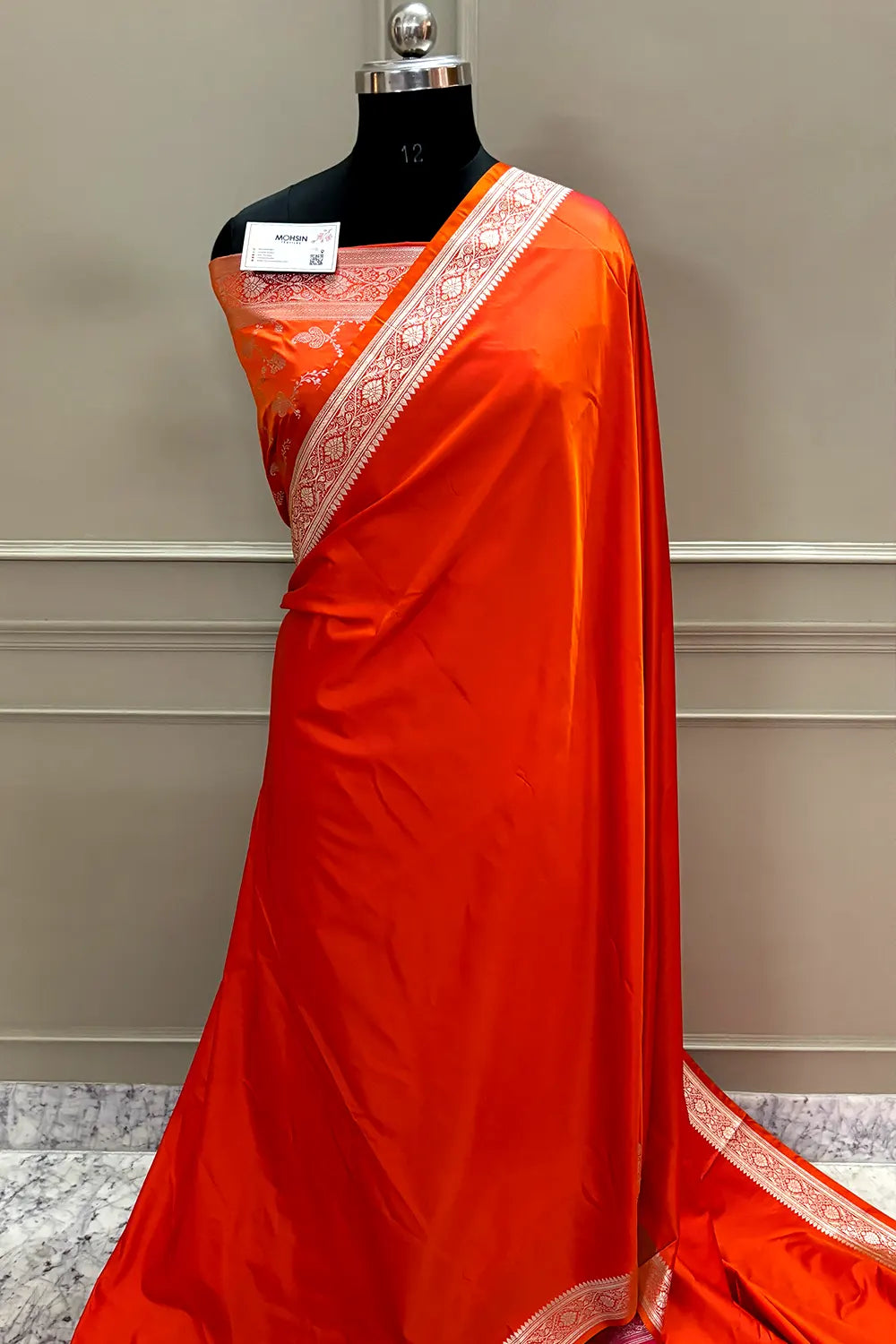Orange Zari Border Katan Silk Banarasi Saree