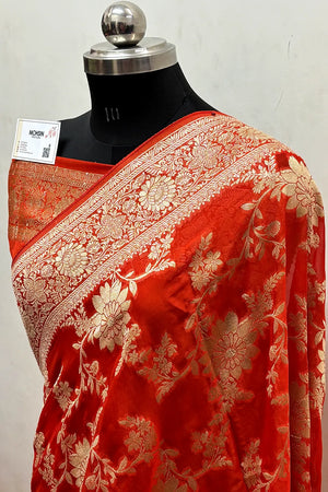 Orange Zari Georgette Silk Banarasi Saree