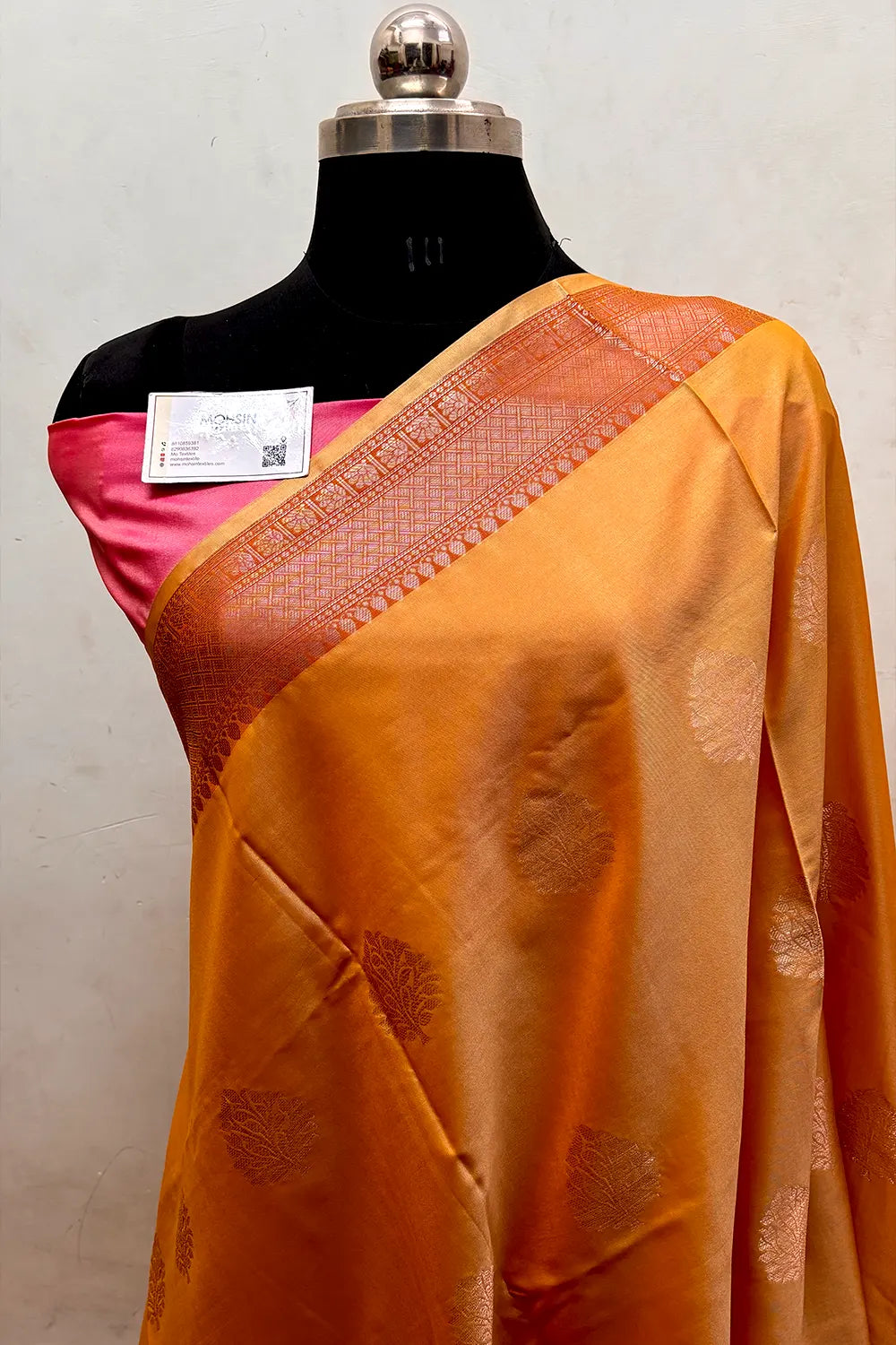 Orangish Peach and Pink Zari Semi Katan Silk Banarasi Saree