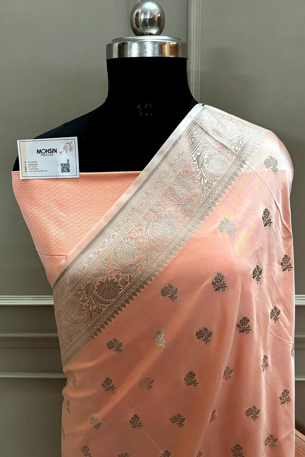 Orangish Peach Chaman Buti Katan Mashru Silk Banarasi Saree