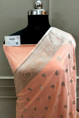 Orangish Peach Chaman Buti Katan Mashru Silk Banarasi Saree