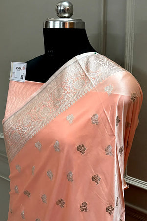 Orangish Peach Chaman Buti Katan Mashru Silk Banarasi Saree