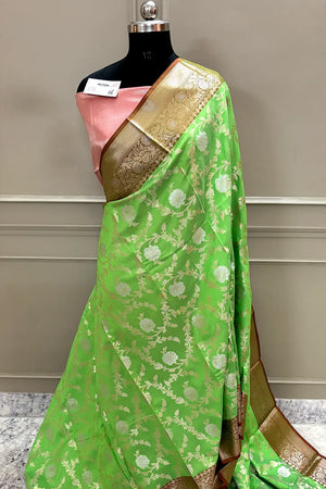 Parrot Green and Red Zari Banarasi Silk Saree