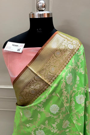 Parrot Green and Red Zari Banarasi Silk Saree