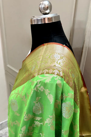 Parrot Green and Red Zari Banarasi Silk Saree