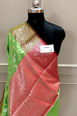 Parrot Green and Red Zari Banarasi Silk Saree
