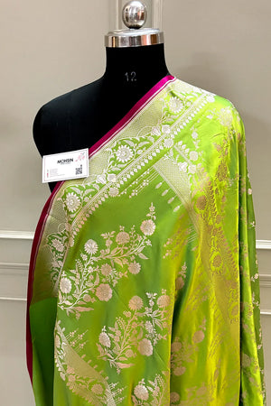 Parrot Green Jhanjaal Katan Silk Banarasi Saree