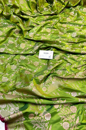 Parrot Green Jhanjaal Katan Silk Banarasi Saree