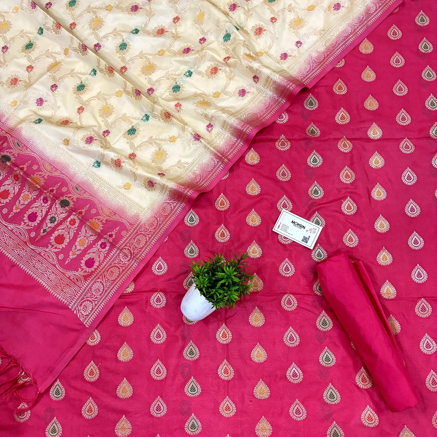 Peach and Beige Zari Katan Silk Banarasi Suit