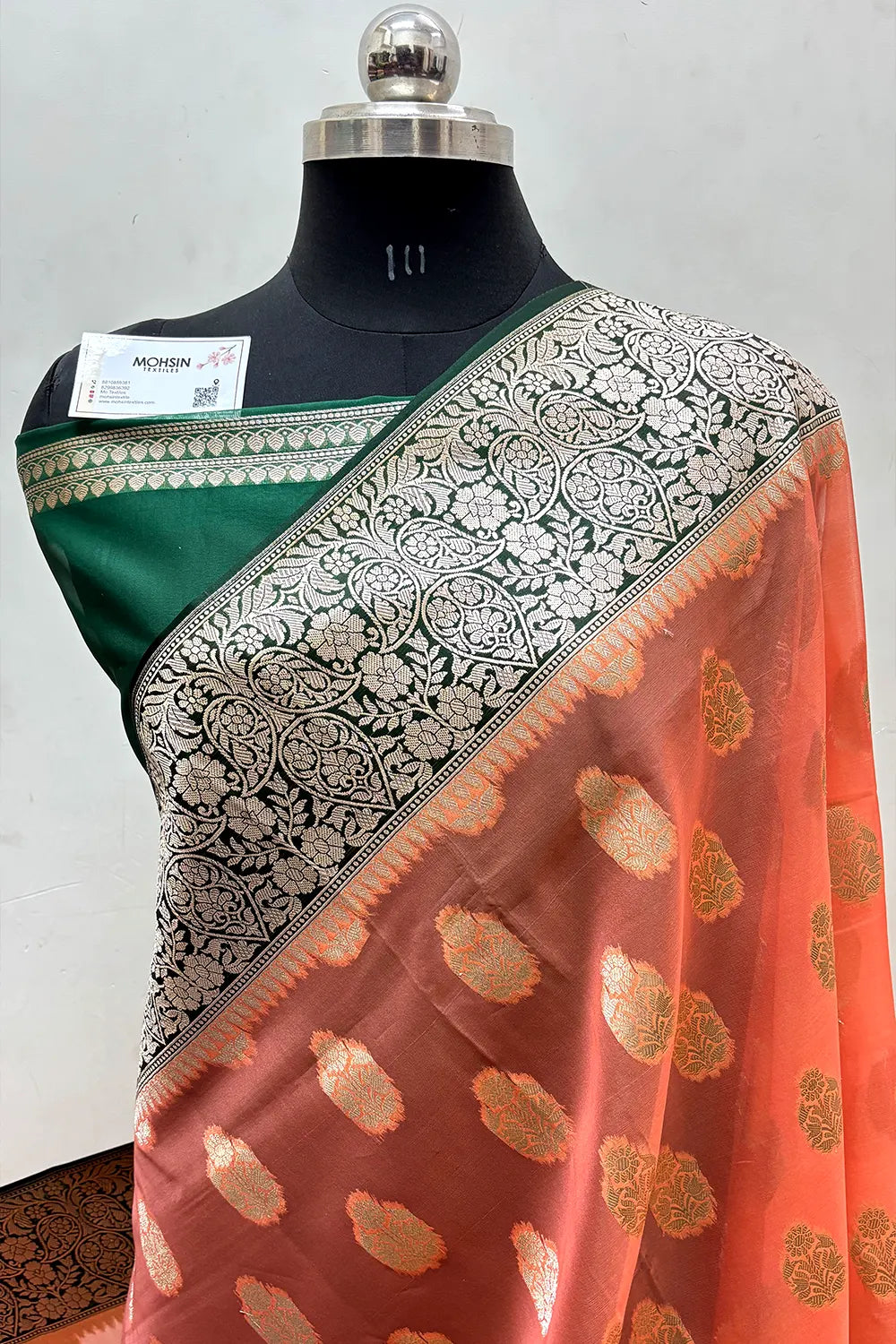Peach and Bottle Green Organza Silk Banarasi Saree