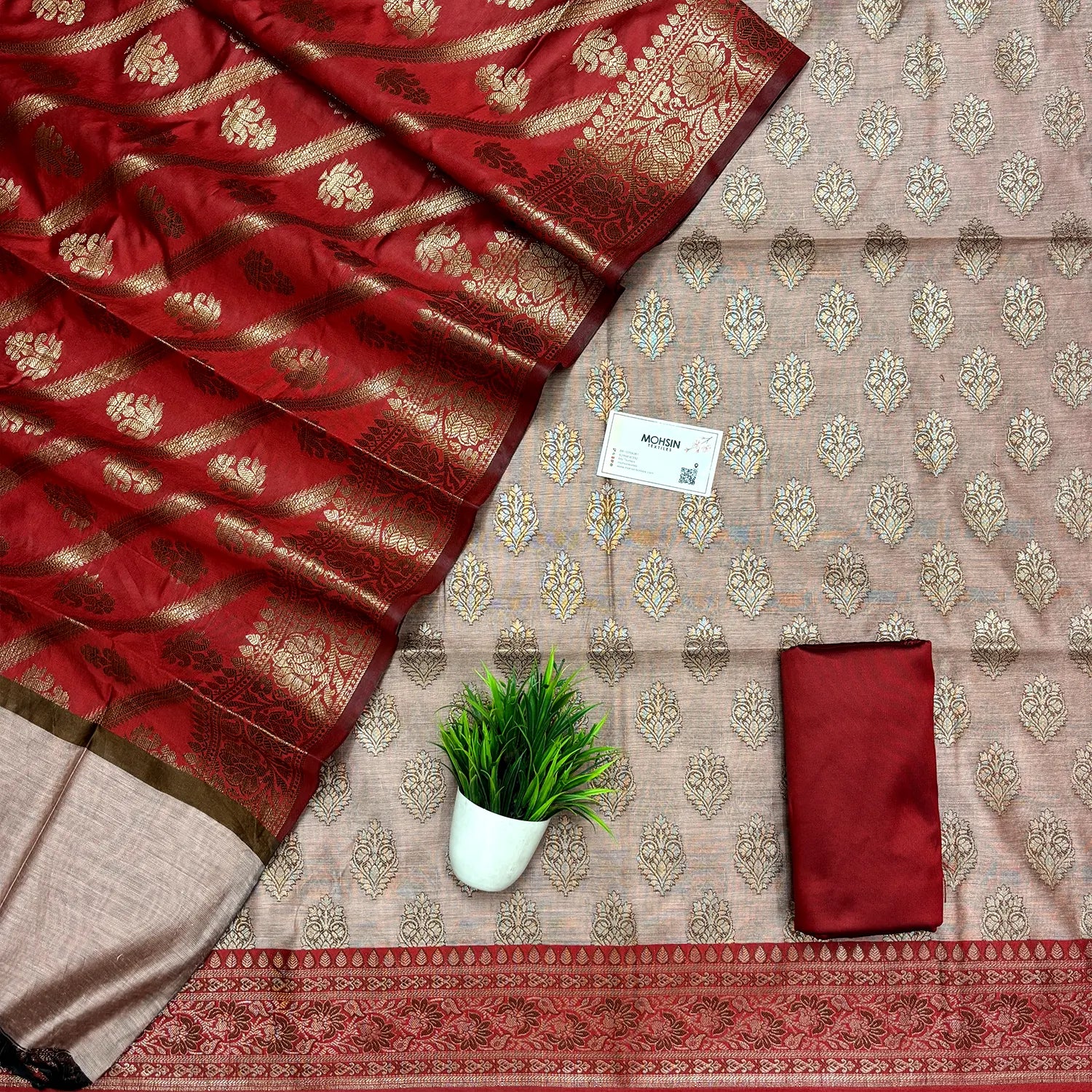 Peach and Maroon Banarasi Silk Suit